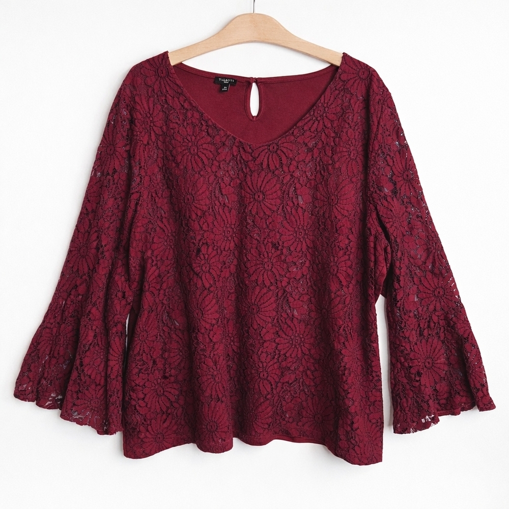 Talbots Lace Bell Sleeve Top 3X Burgundy Floral Lace Overlay Blouse